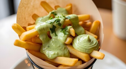 Crispy golden french fries with creamy green sauce in a paper cone.