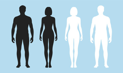 Human silhouette comparison, male and female figures, black and white contrast, standing pose illustration, gender identity concept, anatomy reference, visual diversity