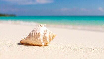 白砂のビーチにあるかわいい貝のクローズアップ写真。背景にはエメラルドグリーンの透き通った海だけ写っていてソフトフォーカスで大きくぼかされている。清涼感と癒やしのあるトロピカルな雰囲気の写真。旅行、夏、自然、美しさ、リラックス、デザイン