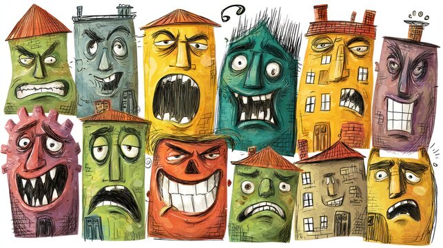 Angry houses in a crowded urban scene.  Colorful buildings with exaggerated faces expressing various negative emotions