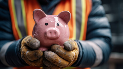 Person in work gear holding a pink piggy bank in their gloved hands close up