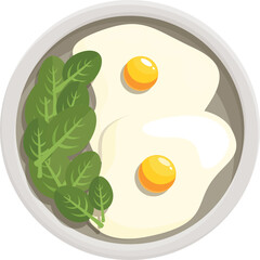 Nutritious breakfast with two fried eggs and fresh spinach leaves on a plate, promoting healthy eating habits