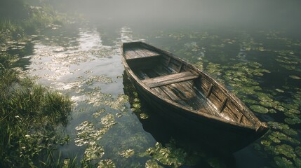Reflecting on stillness weathered rowboat adrift in a serene lake filled with lily pads under a misty sky creating a