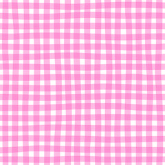 Naive Seamless checkered pattern in pink vibrant colors. Creative doodle trendy background design for kids. Abstract gingham plaid.