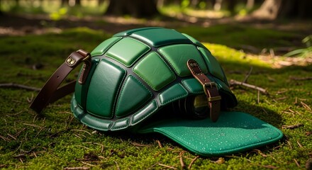 Green Turtle Shell Helmet on Mossy Forest Floor.