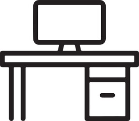 Black and White Outline Icon of a Desk with Computer Monitor