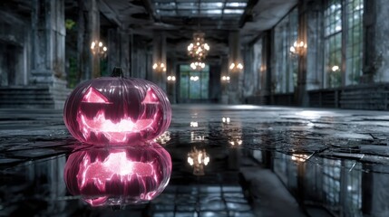 Glowing carved pumpkin with a sinister expression sits on wet floor in an abandoned hall, reflecting eerie light from chandeliers, creating a haunting Halloween atmosphere. Halloween