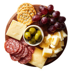 Assorted Cheeses and Meats on Isolated Charcuterie Board with Snacks