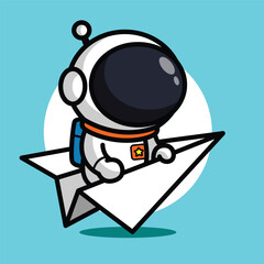 Fototapeta premium Cute Astronaut Flying on Paper Airplane Illustration for Space Cartoon Character and Imagination Concept