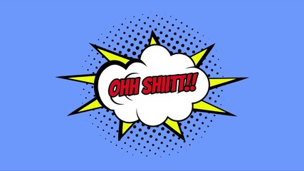 Ohh shiitt!! Words in Red Text in Cartoon Comic Bubbles with Bursting Patterns on Bright Blue Background, Seamless Looping Animation - Powered by Adobe