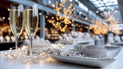Elegant champagne flutes filled with sparkling beverage are placed beside a decorative platter adorned with shimmering jewelry, creating a festive atmosphere for celebrations and special occasions