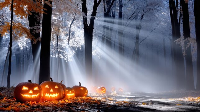 Halloween pumpkins with carved faces glowing in a misty forest, illuminated by soft rays of light filtering through trees, creating an eerie yet enchanting atmosphere. Halloween