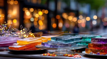 Colorful assortment of handmade soap bars displayed on a table, surrounded by festive lights and blurred background, showcasing artisanal craftsmanship and vibrant textures. Halloween