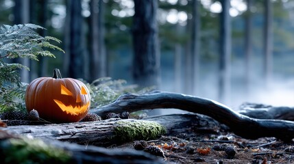 Jack-o'-lantern glowing in a misty forest, surrounded by fallen leaves and pinecones, creating an enchanting autumn atmosphere with natural elements. Halloween