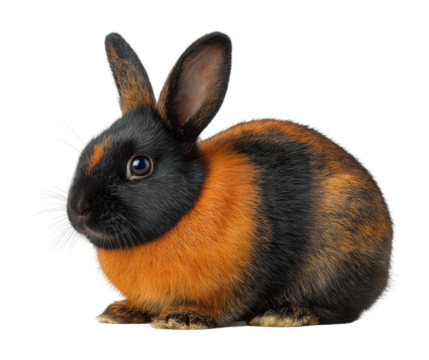 Playful black and orange rabbit isolated on transparent background