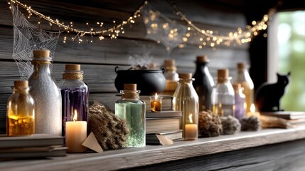 Collection of glass bottles filled with colorful liquids, candles, and mystical elements on a wooden shelf, creating an enchanting atmosphere for a magical setting. Halloween