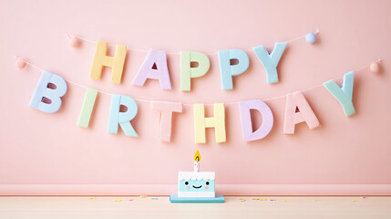 A cheerful birthday setup featuring a pastel-colored 'Happy Birthday' garland and a cute, miniature cake against a light pink backdrop. So sweet!