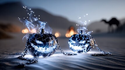 Glowing black pumpkins with chains and electric sparks are set against a mystical desert landscape, creating an enchanting Halloween atmosphere with a surreal touch. Halloween