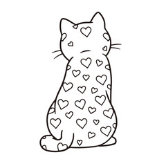 Illustration of a cat sitting with its back showing hearts all over its body on a white background