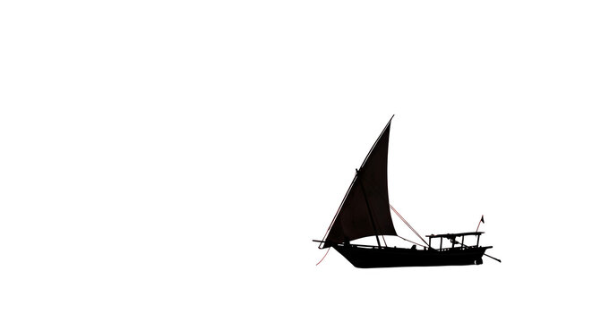 Silhouette of a traditional dhow sailing boat on the water isolated on transparent background