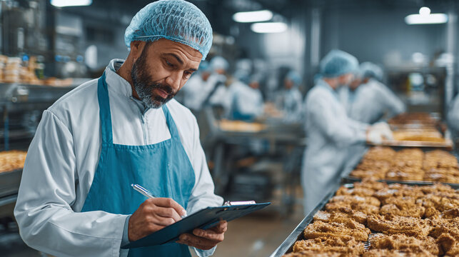 A food industry worker in protective gear inspects baked goods, taking notes on a clipboard, ensuring quality and adherence to standards.