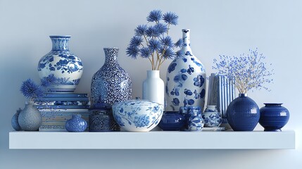 A serene collection of blue and white porcelain vases and flowers evokes peace and tranquility with a clean white