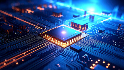 Obraz premium Circuitry of Innovation: A close-up view of a cutting-edge processor, its intricate circuitry illuminated with electric blue and brilliant gold, highlighting the power and advancement within.
