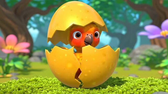 Cartoonish baby bird hatching from a bright golden egg in a vibrant fantasy forest.