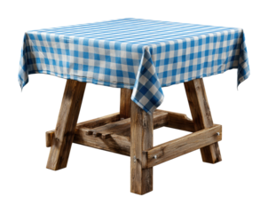 Rustic wooden table with blue checkered cloth in isolated on transparent background