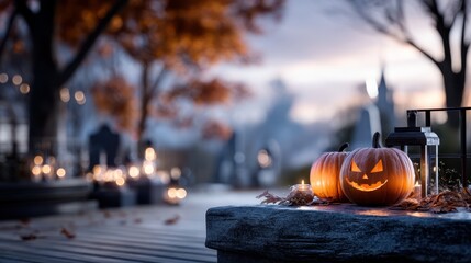 Halloween-themed scene featuring carved pumpkins with glowing faces, surrounded by autumn leaves and lanterns, creating a festive atmosphere for seasonal celebrations. Halloween