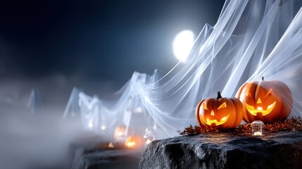 Halloween scene featuring carved pumpkins glowing in the dark, surrounded by mist and ethereal white fabric, creating a spooky and atmospheric ambiance for seasonal celebrations. Halloween