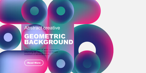 Vibrant circles overlap black space. Text promotes geometric background design, offering more information. Modern, colorful composition.