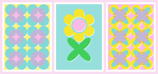 Set of Abstract Geometric shapes Posters with Riso print effect. Risograph style Graphic element for cards, textile, wallpaper.  Vector illustration in vibrant colors.