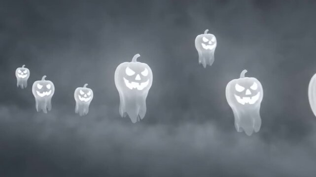 Floating Ghost Halloween Decorations in Foggy Night Atmosphere with Jack-o'-Lantern Faces
