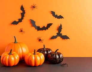 Halloween pumpkins and bats on an orange background