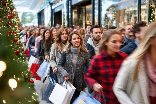Crowds of shoppers enjoying holiday shopping at a festive outdoor market