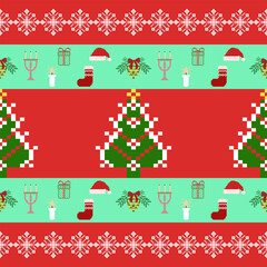 A seamless retro pixel-style Christmas pattern featuring holiday icons like Christmas trees, snowflakes, candles, stockings, and Santa hats in red and mint green tones. Perfect for holiday wrapping pa