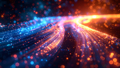 Digital Data Stream: Capturing the essence of technological flow, a mesmerizing visual of streams of data in motion, painted with vibrant blues and oranges.