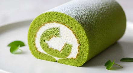 Delicious Green Tea Matcha Swiss Roll Cake with Cream Filling.