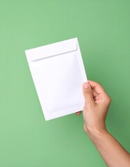 Hand holding a blank white envelope
