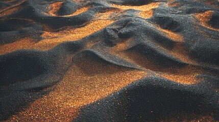 The ethereal dance of copper light on undulating black sand dunes evokes a sense of mystery and desert serenity with