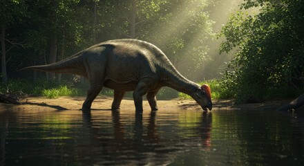 Peaceful dinosaur moment, Corythosaurus drinking water in a lush forest during the cretaceous period