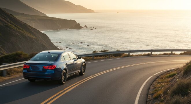 A stylish car driving along a scenic coastal highway at sunset, featuring breathtaking ocean views and mountainous landscapes - Powered by Adobe