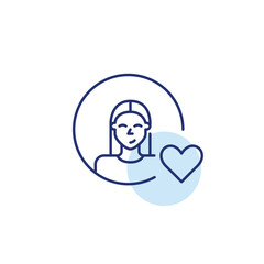 Female user avatar and heart. Customer support online, trusted remote user care, user focused services. Pixel perfect, editable stroke vector icon