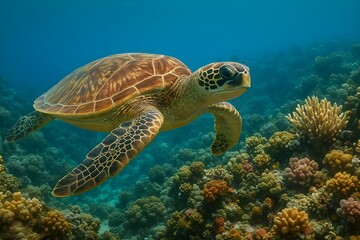 Fototapeta premium Sea turtle swimming above colorful coral reef