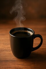 Fototapeta premium Hot black coffee in cup on wooden table