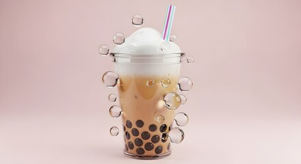 Delicious Bubble Tea with Tapioca Pearls and Creamy Foam on a Pink Background.