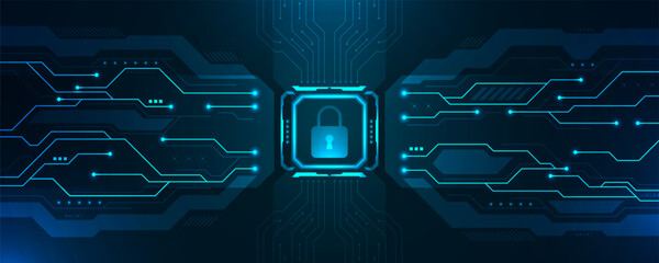 Futuristic cybersecurity technology background with glowing blue digital circuit lines and padlock icon representing data protection, privacy, encryption, and secure network systems.
