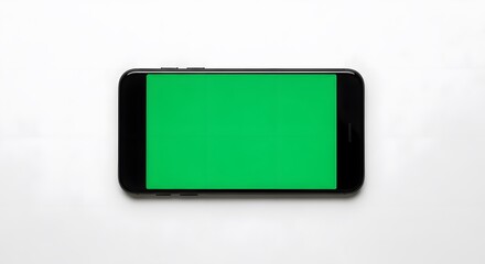 Smartphone with Green Screen Display on White Background.