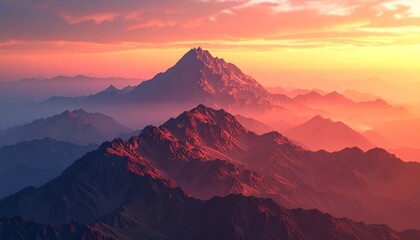 Obraz premium Awe-Inspiring Mountain Range at Sunset with Warm Tones and Layered Peaks